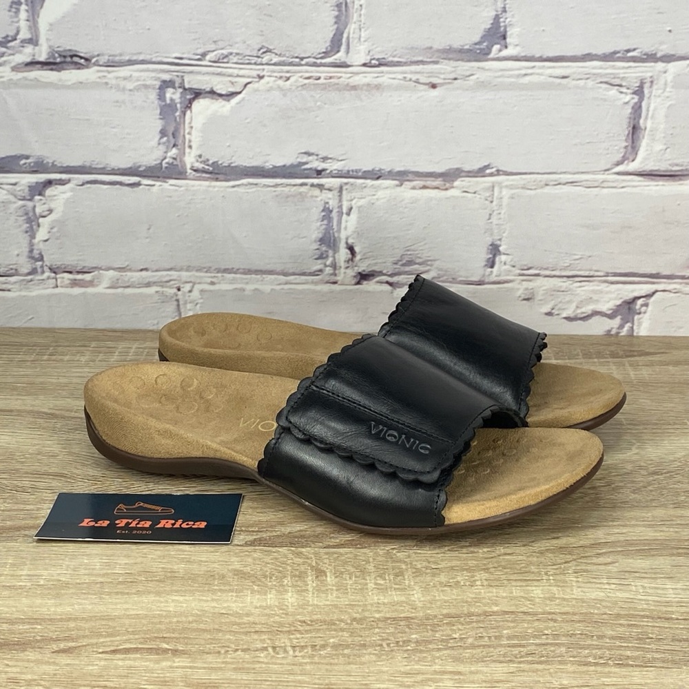 Vionic Florence Black Leather Slide Sandals